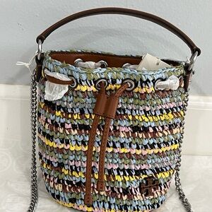 Tory Burch Multicolor Woven Bucket Crossbody with Brown Leather Trim